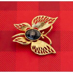 Vintage Art Nouveau Butterfly Stone Gold Tone Brooch by LC - O15